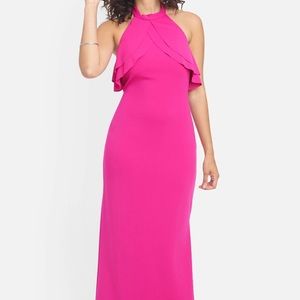 Bebe Tie Halter Ruffle Floor Length Dress